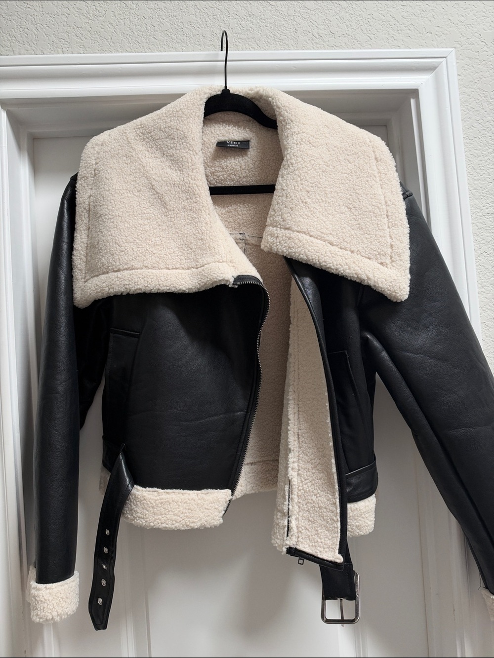 NWOT Black Faux Leather Shearling-Lined Moto Jacket - Cream Trim